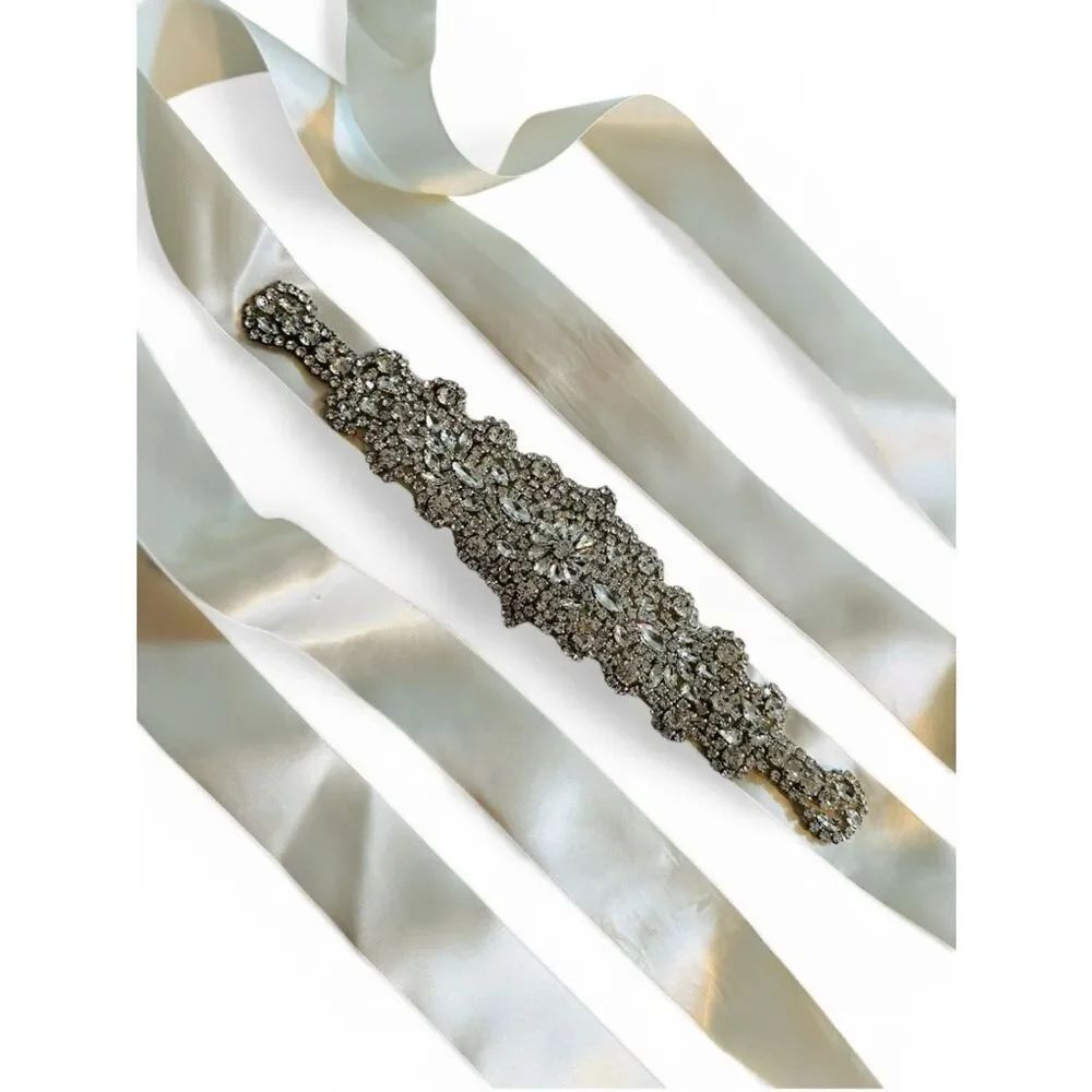 Wedding Dress Sash Belt Waist Tie White Cream Satin Crystal Bride Rhinestones